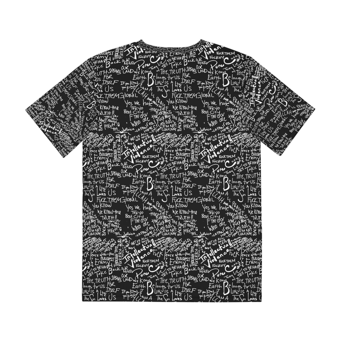Men’s All-Over Print Tee — Black Handwritten Phrase Script Pattern
