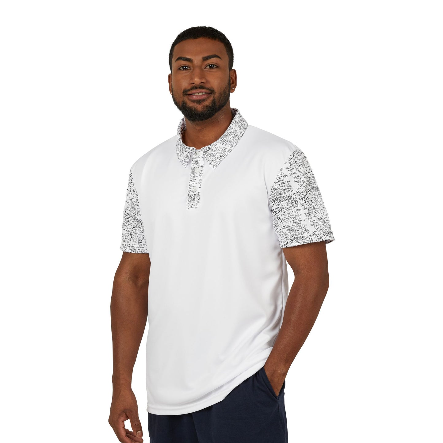 White Polo Shirt with Marble Accent Collar & Sleeve — Modern Minimalist Golf Polo