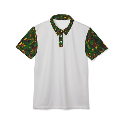 White Polo with Green African Print Collar & Sleeves