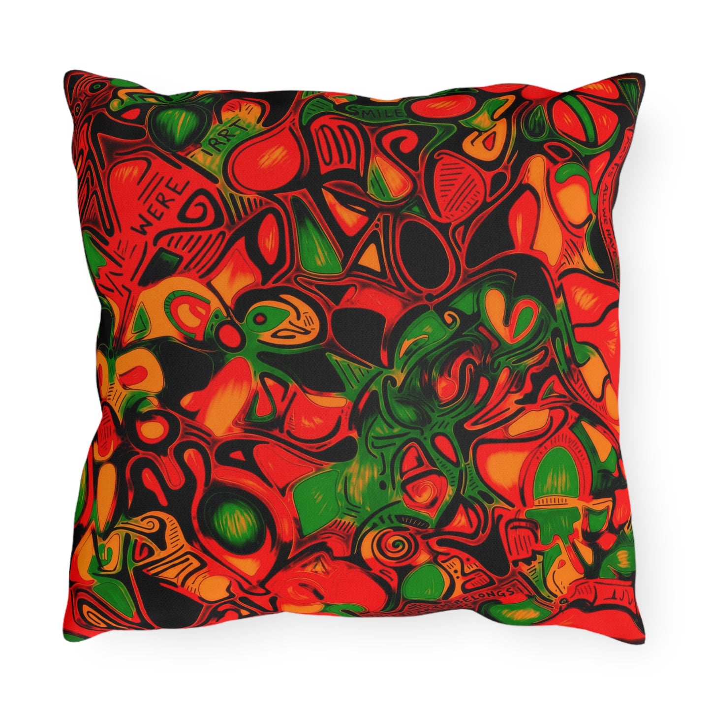 Abstract Tropical Outdoor Pillow — Vibrant Red & Green Patio Cushion
