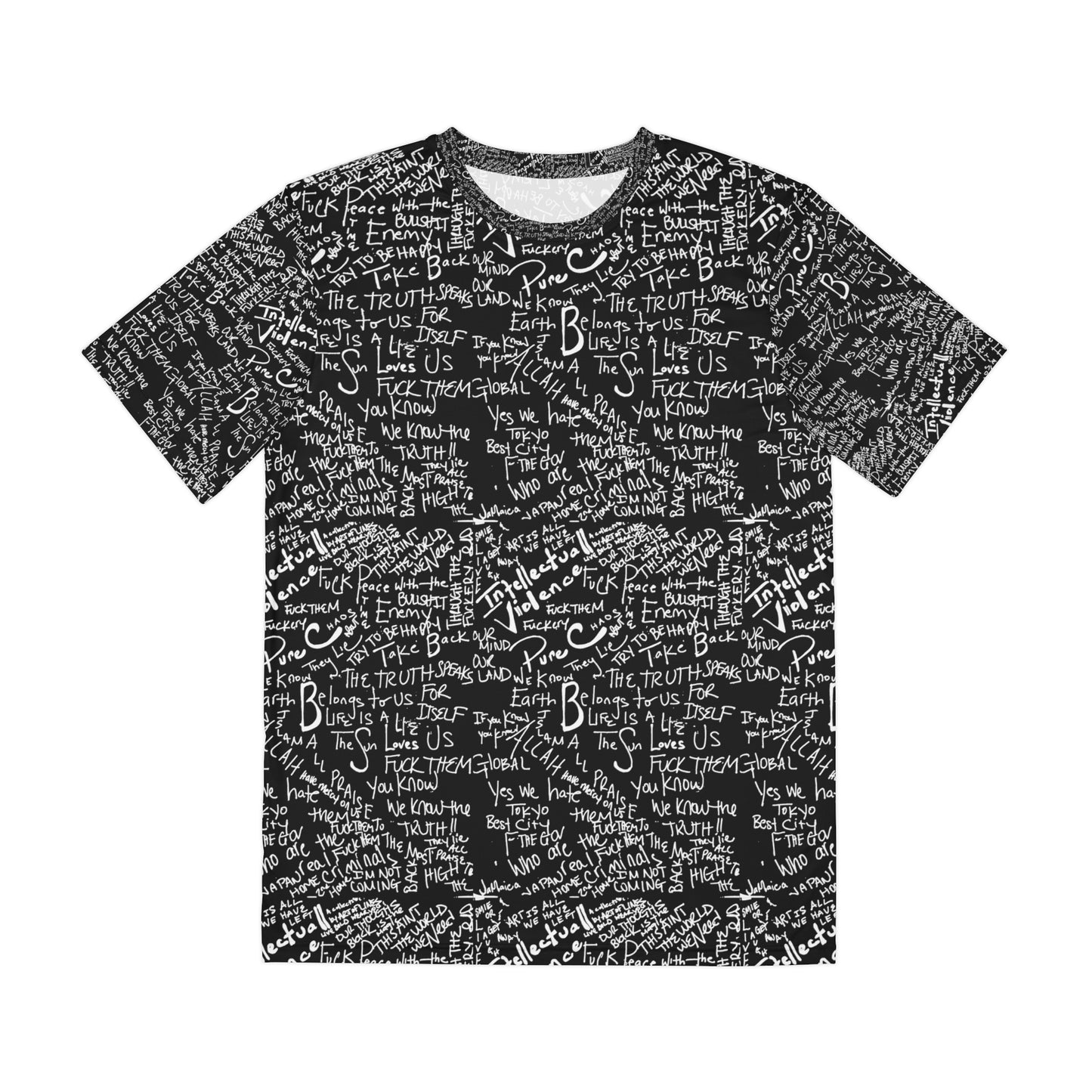 Men’s All-Over Print Tee — Black Handwritten Phrase Script Pattern