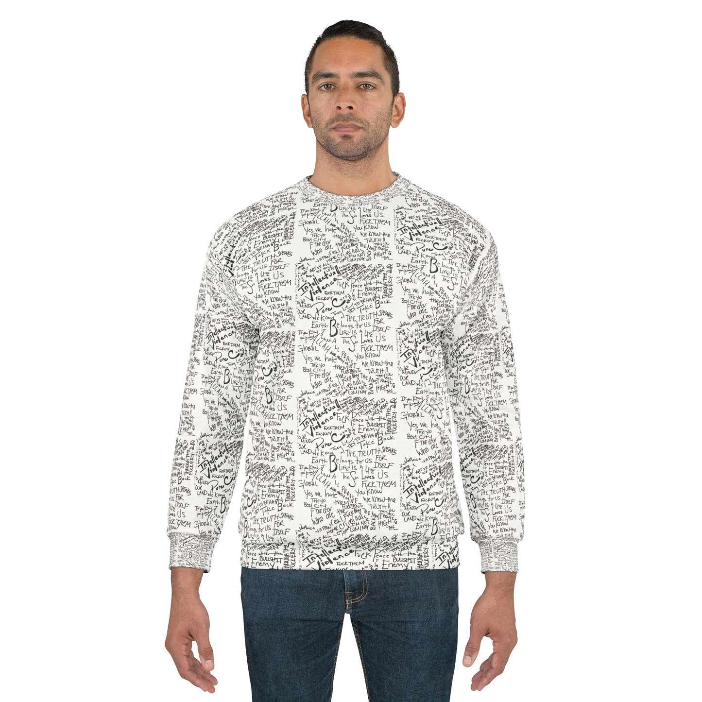 Handwritten Lyrics All-Over Print Sweatshirt — Vintage Script Music Note Pattern