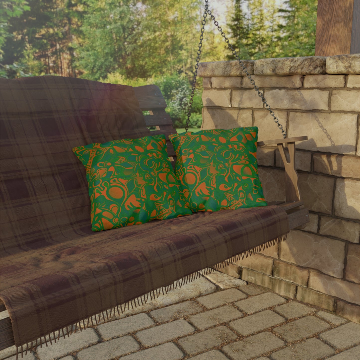 Green & Orange Abstract Outdoor Pillow — Bold Tribal Garden Accent