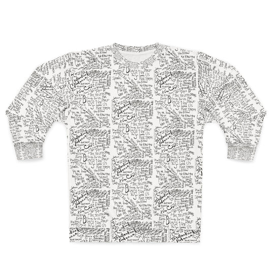 Handwritten Lyrics All-Over Print Sweatshirt — Vintage Script Music Note Pattern