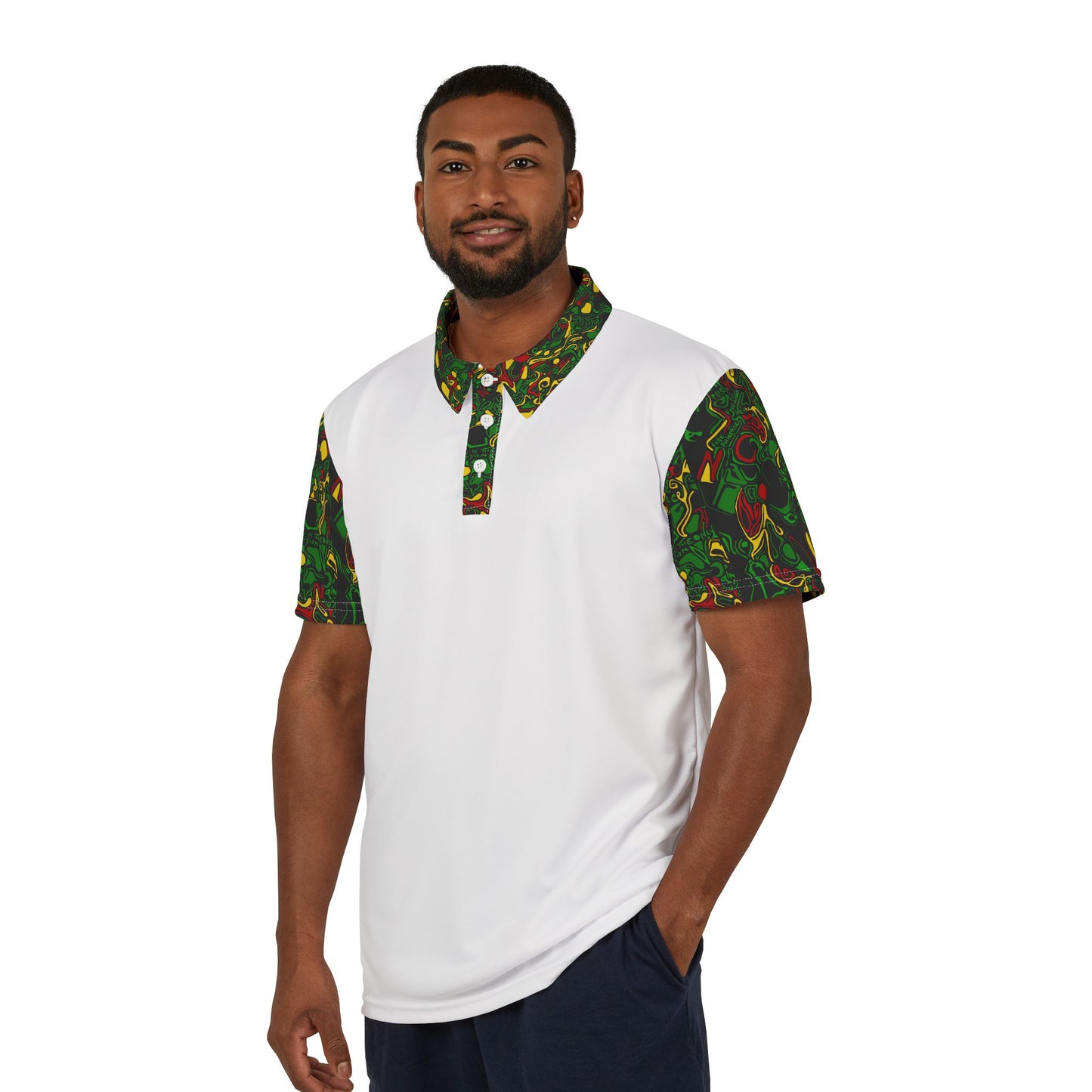 White Polo with Green African Print Collar & Sleeves