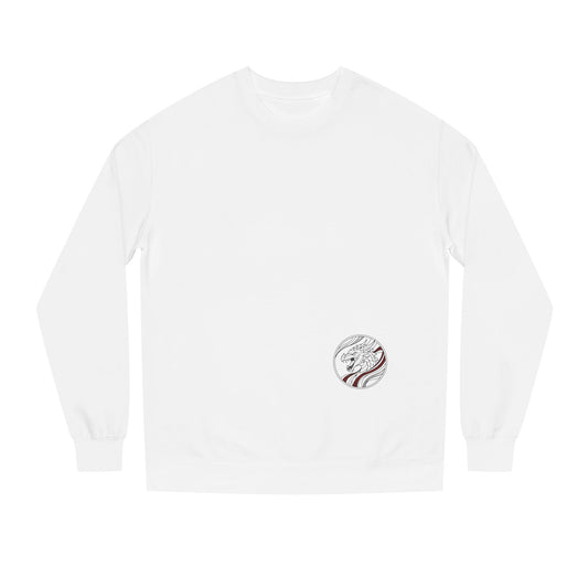 White long-sleeve sweater with a dragon logo against a white background