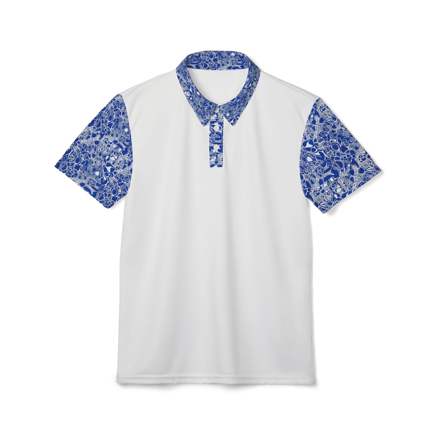 Blue Mosaic Accent Polo Shirt — Patterned Collar & Sleeve Golf Polo