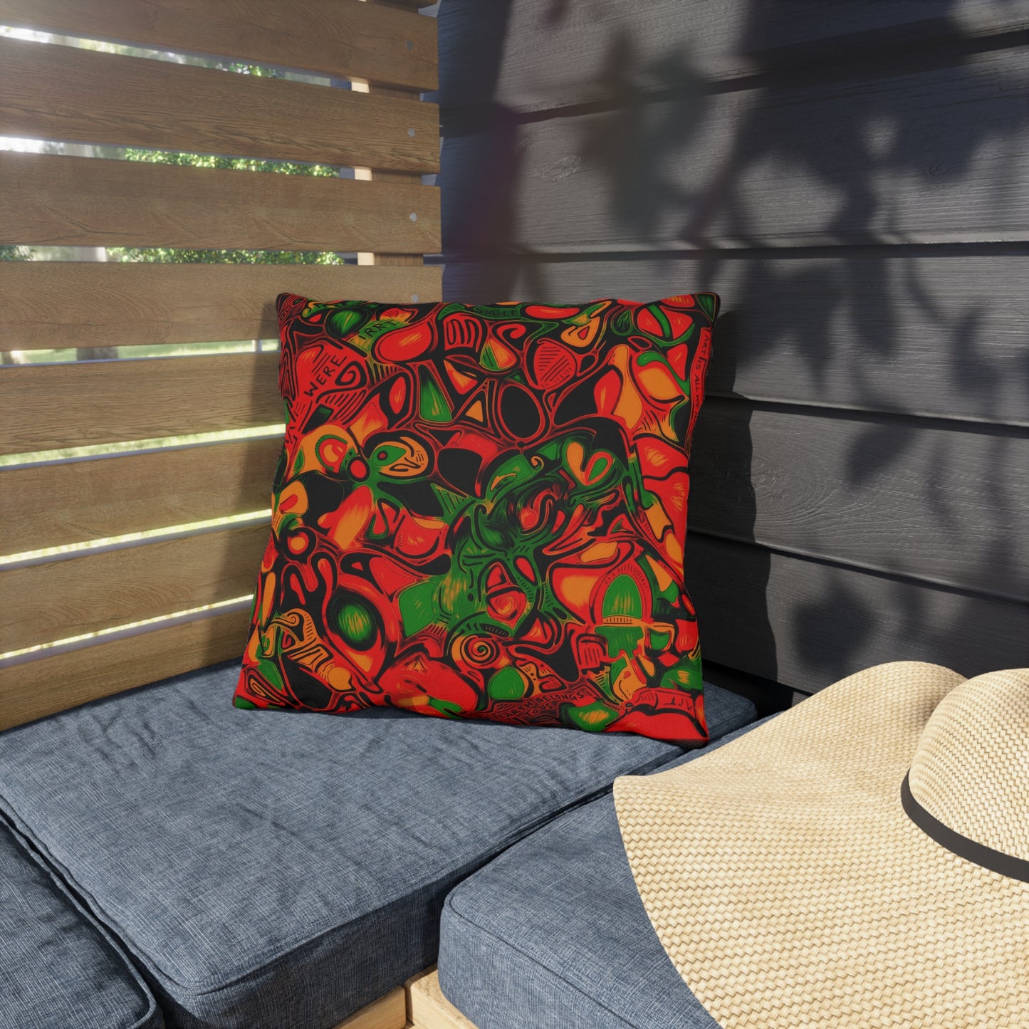 Abstract Tropical Outdoor Pillow — Vibrant Red & Green Patio Cushion