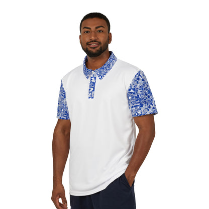 Blue Mosaic Accent Polo Shirt — Patterned Collar & Sleeve Golf Polo