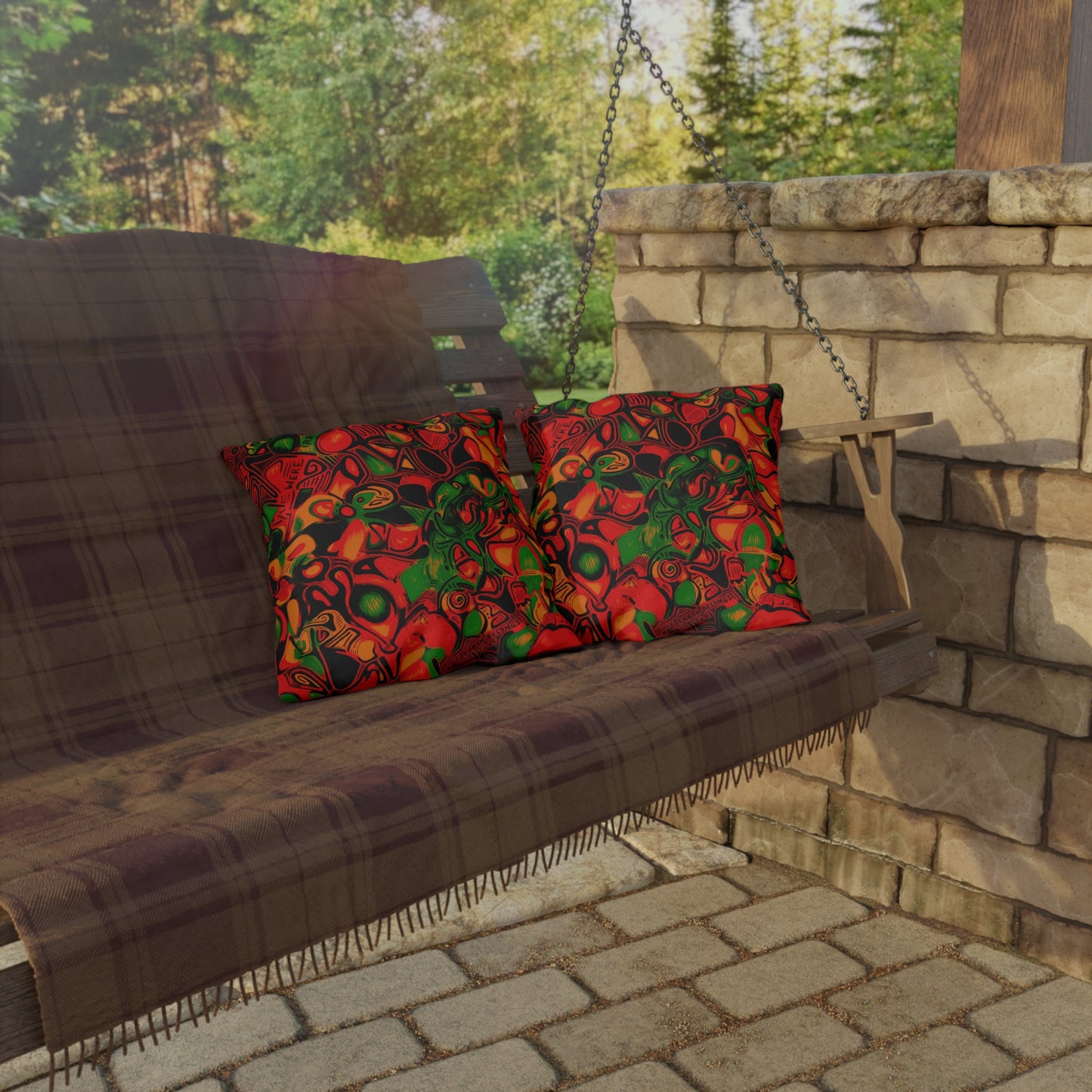 Abstract Tropical Outdoor Pillow — Vibrant Red & Green Patio Cushion