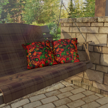 Abstract Tropical Outdoor Pillow — Vibrant Red & Green Patio Cushion