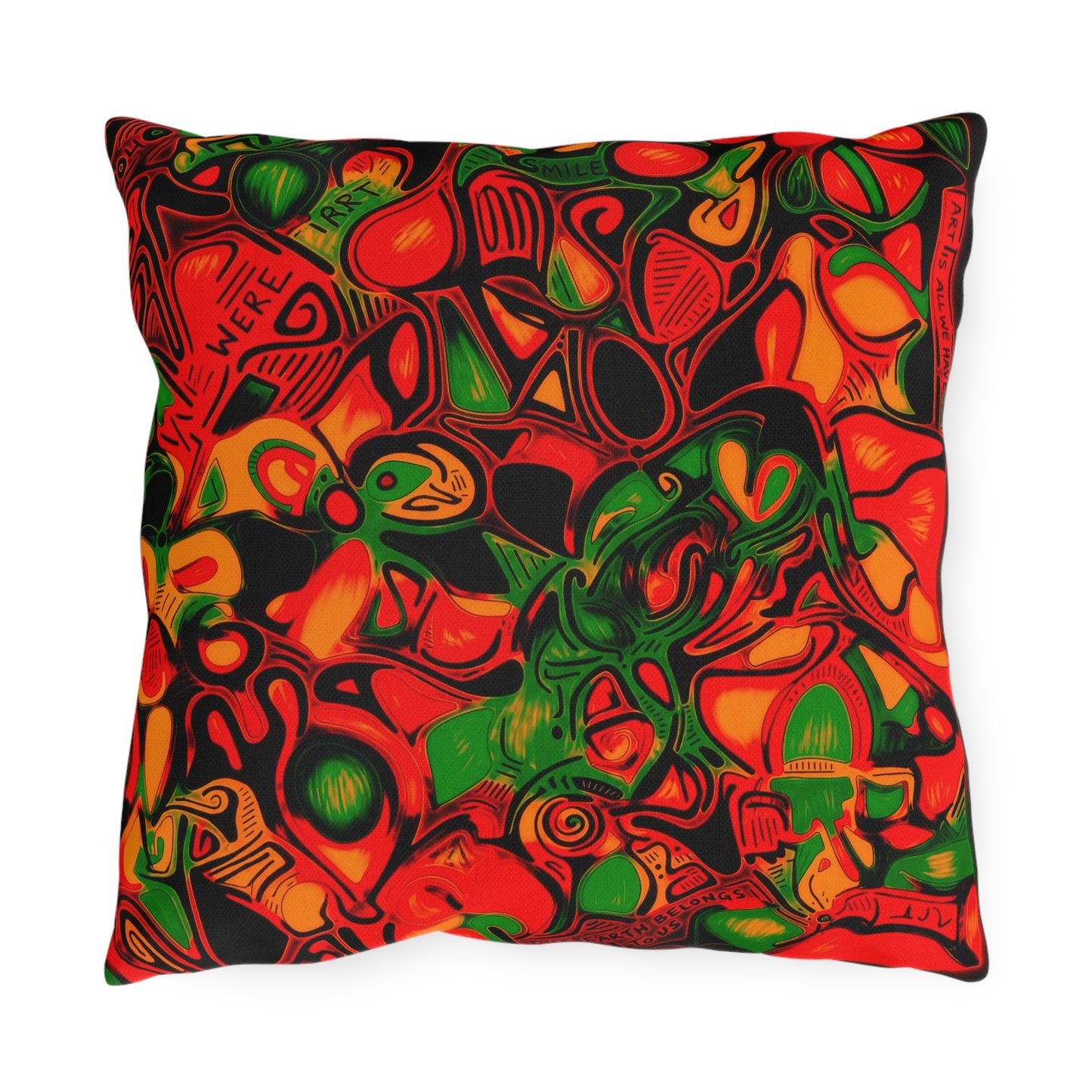 Abstract Tropical Outdoor Pillow — Vibrant Red & Green Patio Cushion
