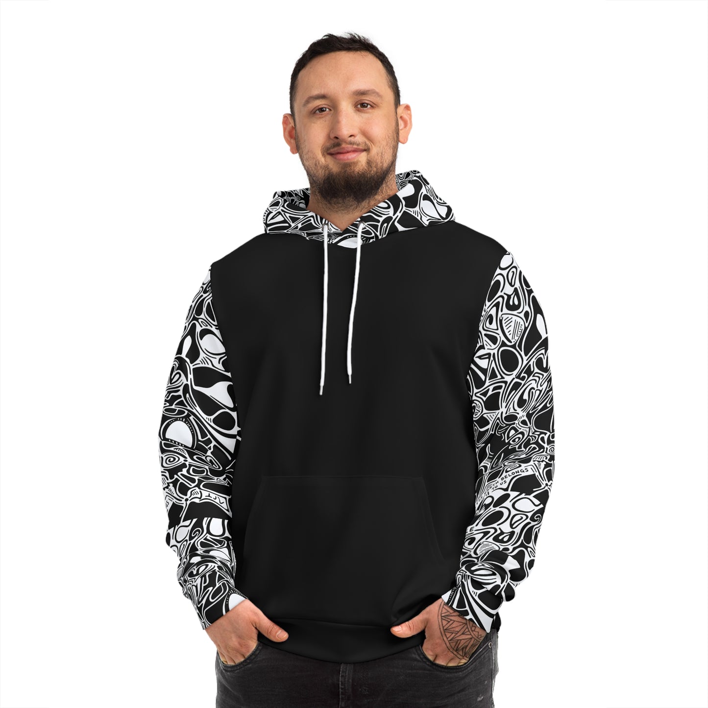 Abstract Skull Pattern Hoodie — Black & White All-Over Print