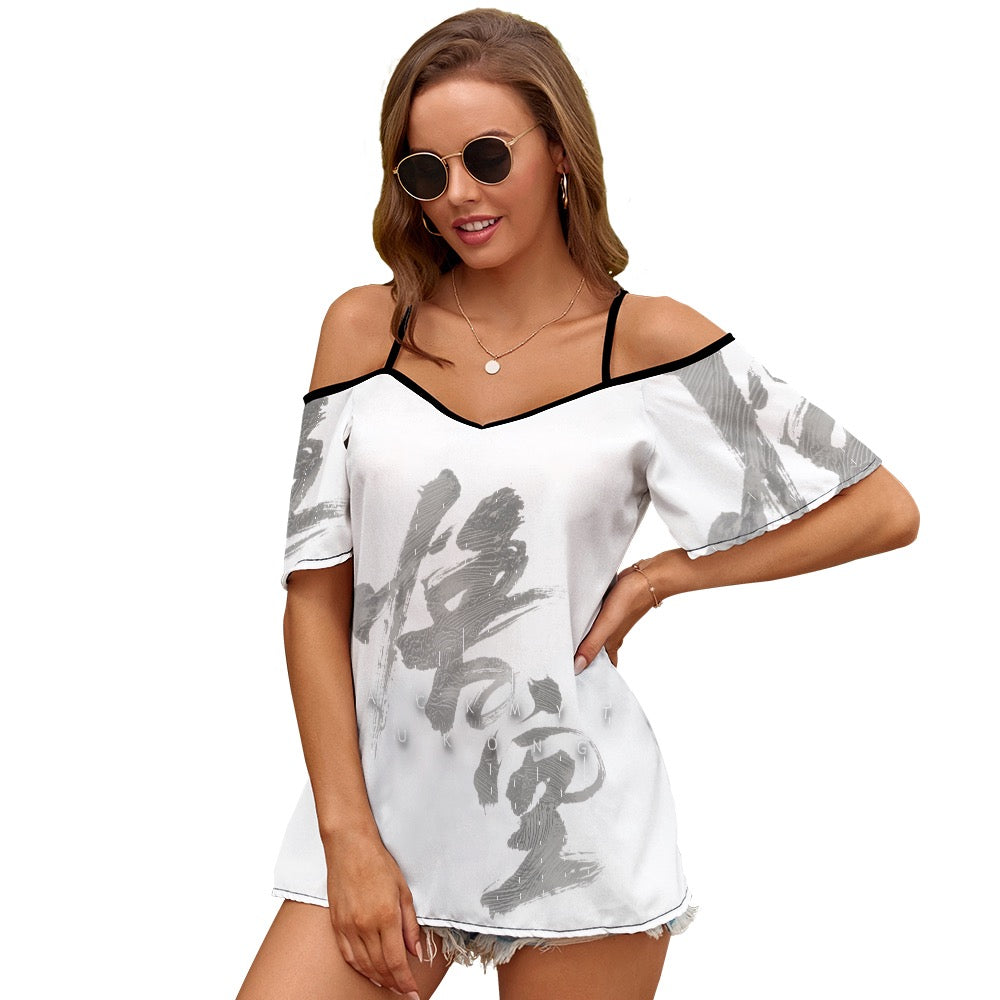 Calligraphy Off Shoulder Sling Short Sleeve Top